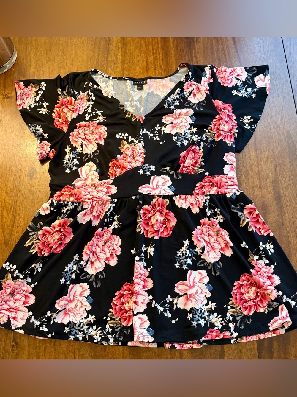 Torrid Floral V-Neck Peplum Blouse - Black with Pink Roses